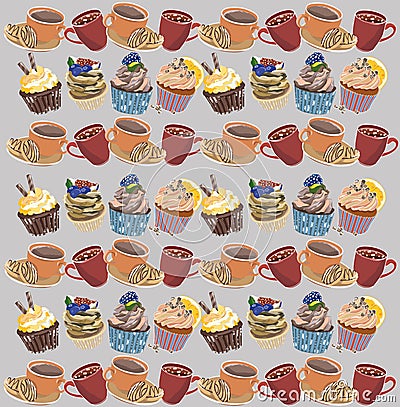 Beige vector illiustration background for decoration with cups of coffee, muffins Vector Illustration